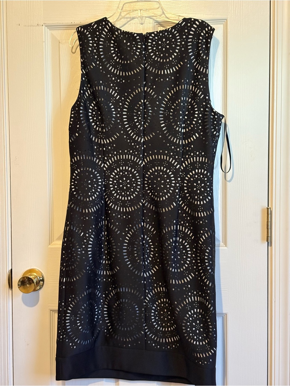 White House Black Market Black Dress with White Laser-Cut Circular Pattern